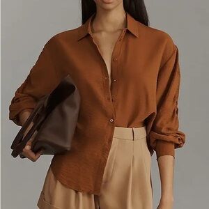 Anthropologie rust brown long ruched billowy sleeve blouse top
